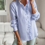 Striped Long Sleeve Women’s Blouse – Ruffle Design Button Up Shirt, Elegant Casual Office Tops