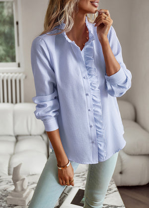 Striped Long Sleeve Women’s Blouse – Ruffle Design Button Up Shirt, Elegant Casual Office Tops