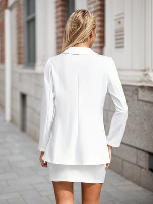 Elegant Women’s White Skirt Suit Set – Lapel Blazer Jacket & Skirt, Double Breasted, Casual to Formal Outfit