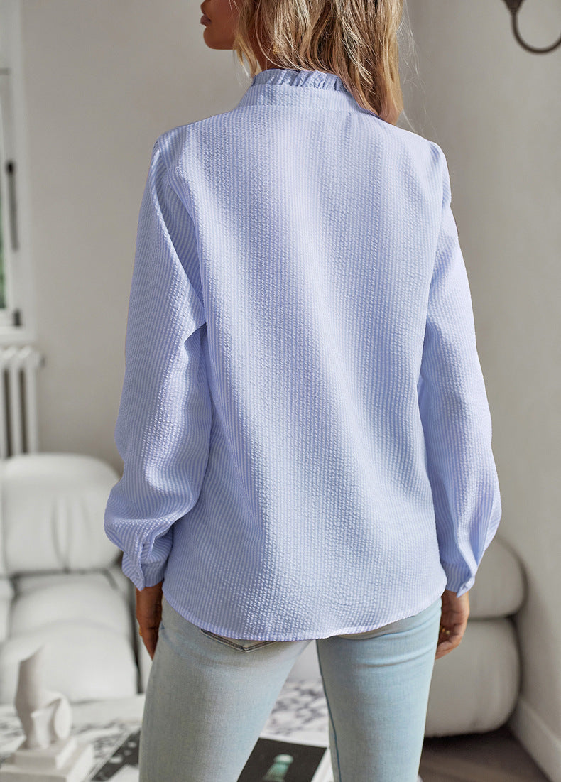 Striped Long Sleeve Women’s Blouse – Ruffle Design Button Up Shirt, Elegant Casual Office Tops