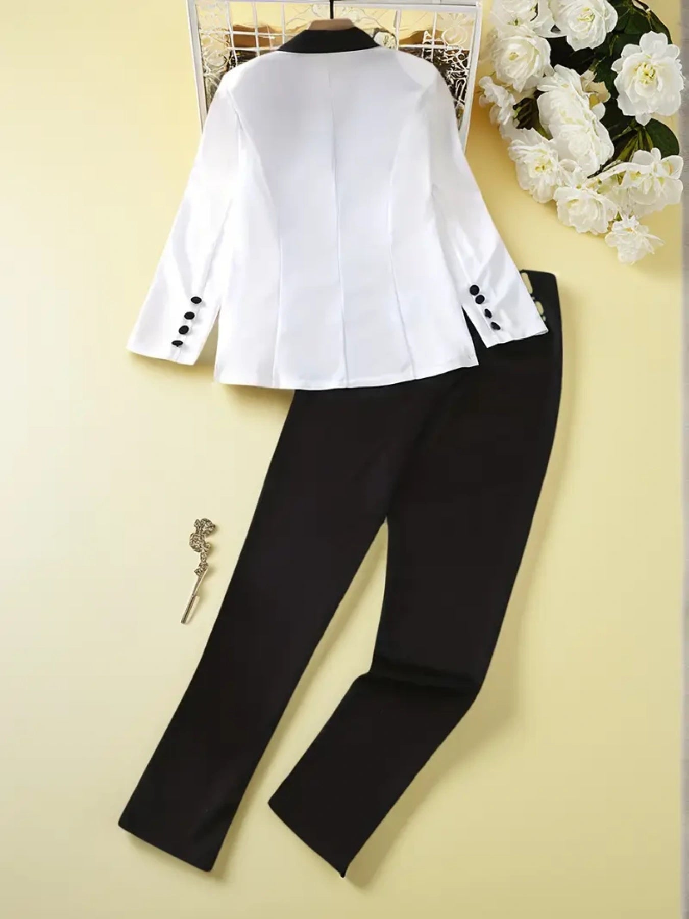2025 Black & White Two-Piece Pants Set – Elegant Suit Jacket with Straight Leg Pants, Casual & Formal Women’s Fashion Clothing