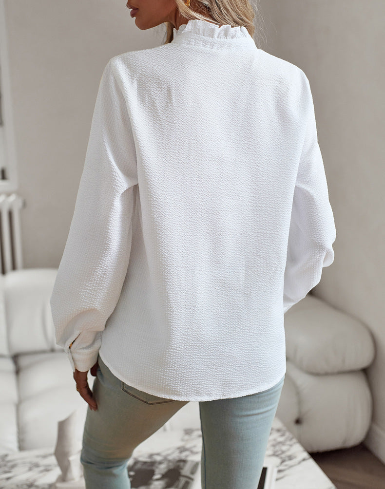 Striped Long Sleeve Women’s Blouse – Ruffle Design Button Up Shirt, Elegant Casual Office Tops