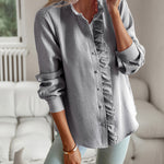 Striped Long Sleeve Women’s Blouse – Ruffle Design Button Up Shirt, Elegant Casual Office Tops