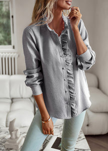 Striped Long Sleeve Women’s Blouse – Ruffle Design Button Up Shirt, Elegant Casual Office Tops
