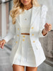 Elegant Women’s White Skirt Suit Set – Lapel Blazer Jacket & Skirt, Double Breasted, Casual to Formal Outfit