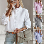 Striped Long Sleeve Women’s Blouse – Ruffle Design Button Up Shirt, Elegant Casual Office Tops