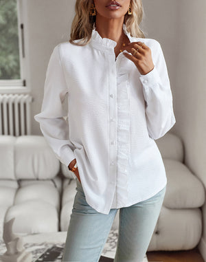 Striped Long Sleeve Women’s Blouse – Ruffle Design Button Up Shirt, Elegant Casual Office Tops