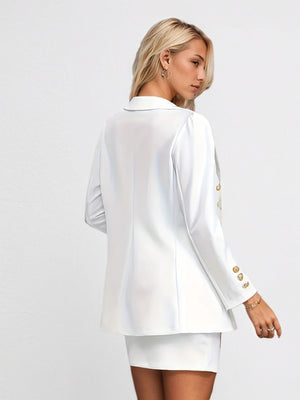 Elegant Women’s White Skirt Suit Set – Lapel Blazer Jacket & Skirt, Double Breasted, Casual to Formal Outfit
