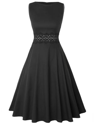 2025 Women’s Retro Style Pleated Floral Lace A-line Dress – Sleeveless Cocktail & Party Skirt with Pockets