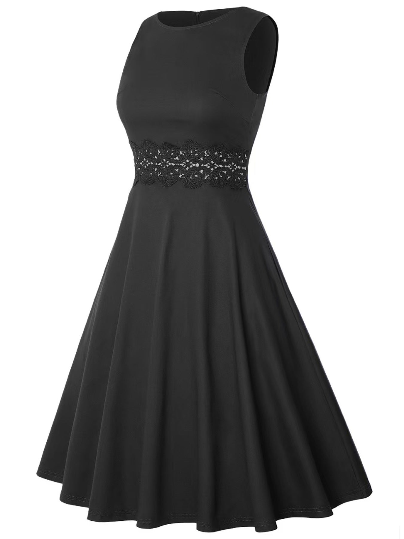 2025 Women’s Retro Style Pleated Floral Lace A-line Dress – Sleeveless Cocktail & Party Skirt with Pockets
