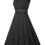 2025 Women’s Retro Style Pleated Floral Lace A-line Dress – Sleeveless Cocktail & Party Skirt with Pockets