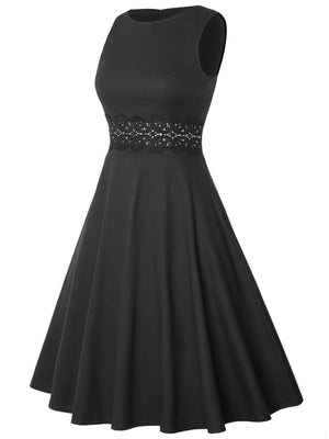 2025 Women’s Retro Style Pleated Floral Lace A-line Dress – Sleeveless Cocktail & Party Skirt with Pockets