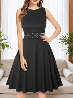 2025 Women’s Retro Style Pleated Floral Lace A-line Dress – Sleeveless Cocktail & Party Skirt with Pockets