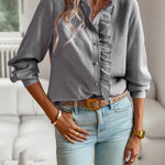 Striped Long Sleeve Women’s Blouse – Ruffle Design Button Up Shirt, Elegant Casual Office Tops