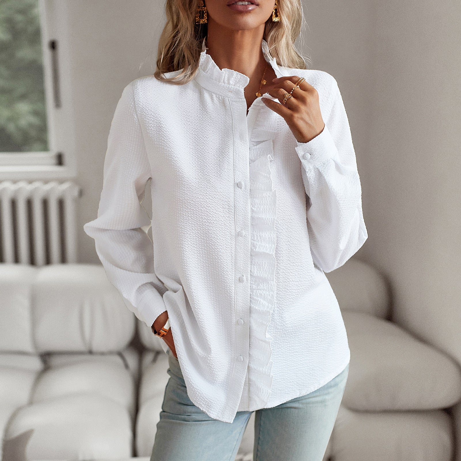 Striped Long Sleeve Women’s Blouse – Ruffle Design Button Up Shirt, Elegant Casual Office Tops