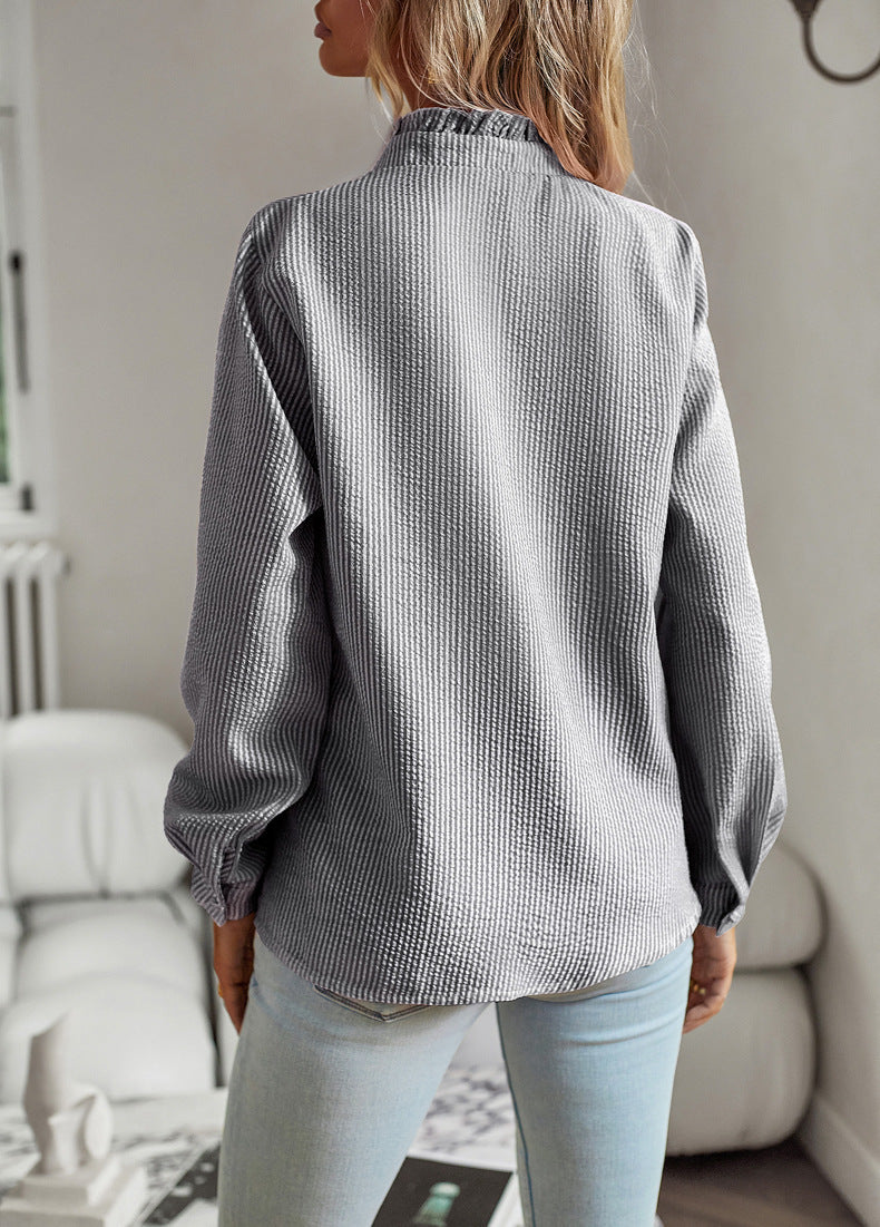Striped Long Sleeve Women’s Blouse – Ruffle Design Button Up Shirt, Elegant Casual Office Tops